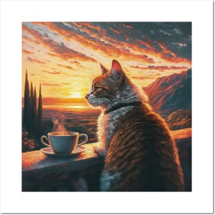 funny cat watching sunset with coffee, funny cats and coffee, cats lover Posters and Art